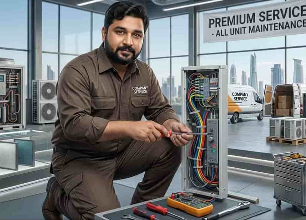 فني مكيفات محترف ومعتمد يرتدي زياً موحداً